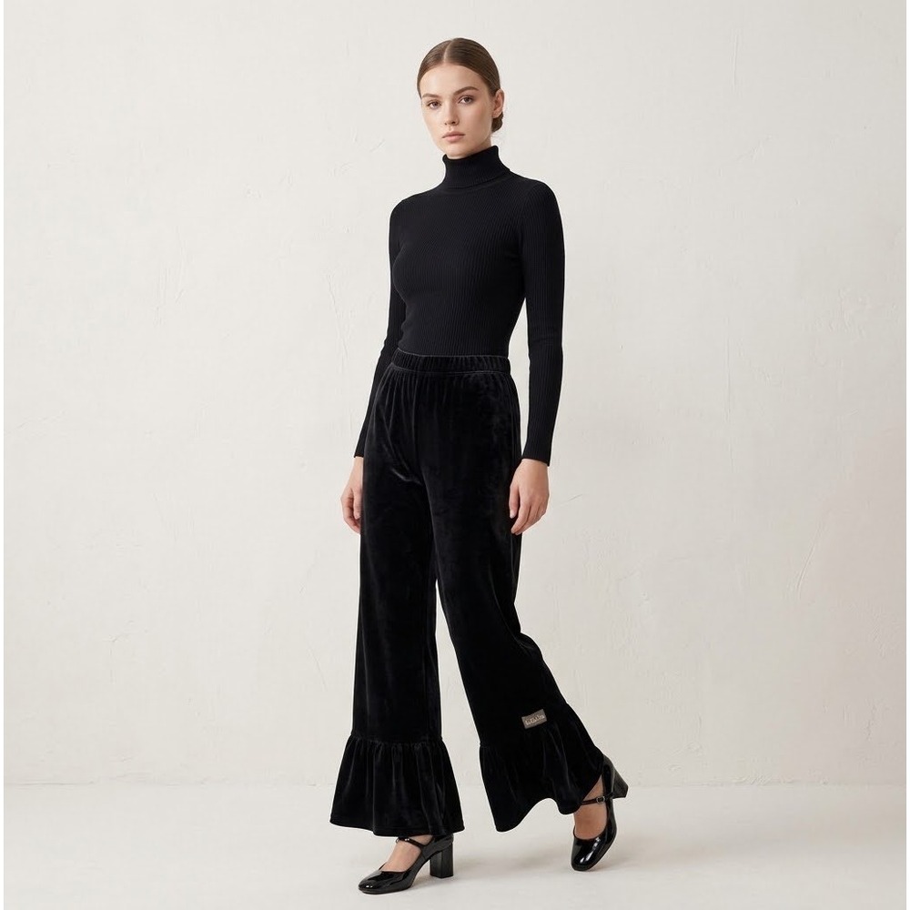 Matilda Jane Black Velvet Ruffle Hem Wide Leg Pants Women Medium A965